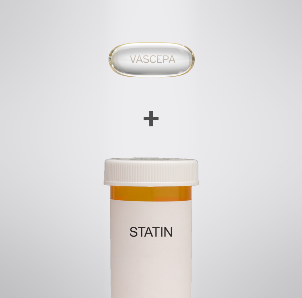 Clear VASCEPA® (icosapent ethyl) capsule and a pill bottle of statins