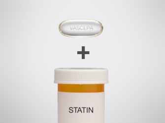 Clear VASCEPA® (icosapent ethyl) capsule and a pill bottle of statins